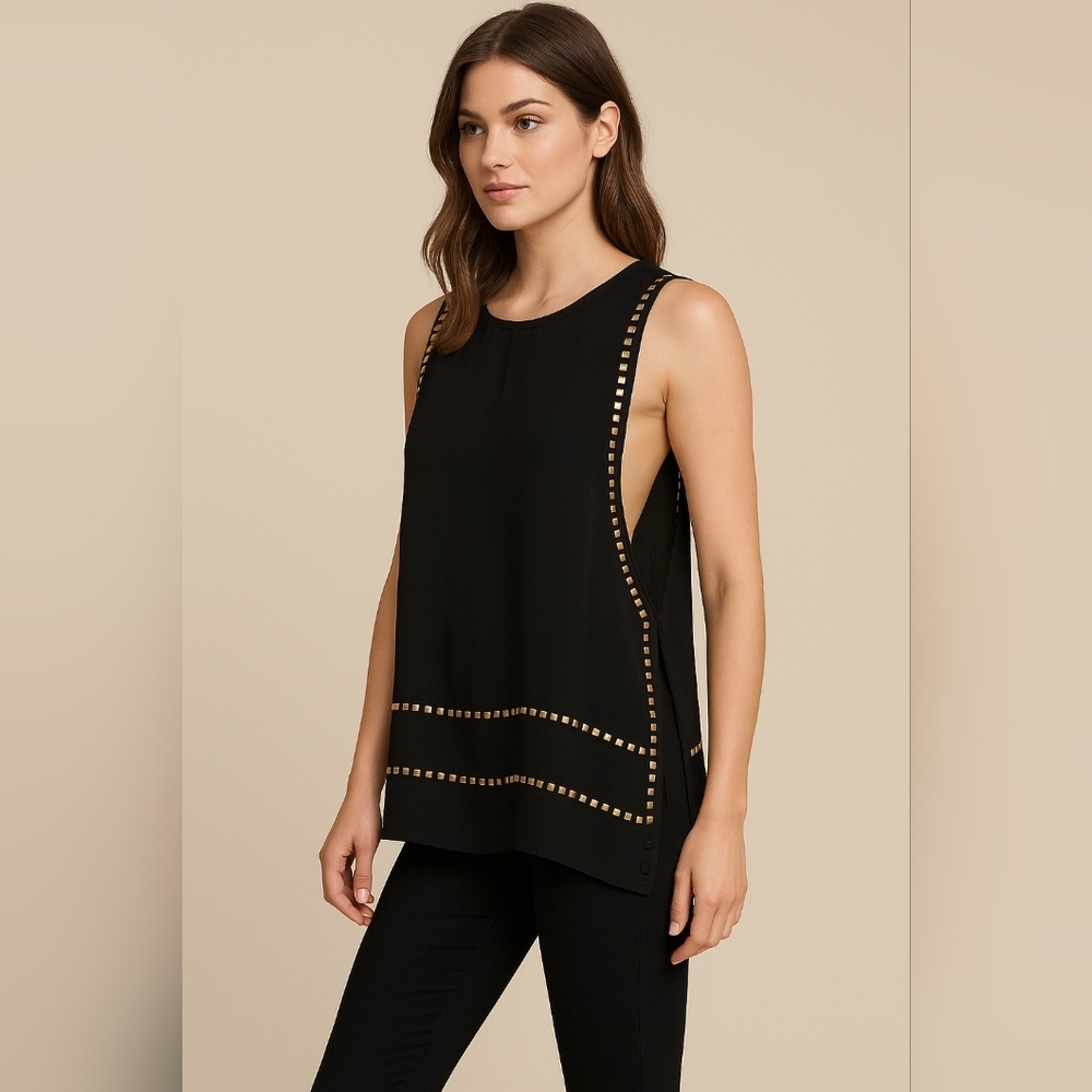 Rock & Republic Black Studded Open Side Sleeveless Top Sz S Gold Square Beads... - Picture 2 of 14